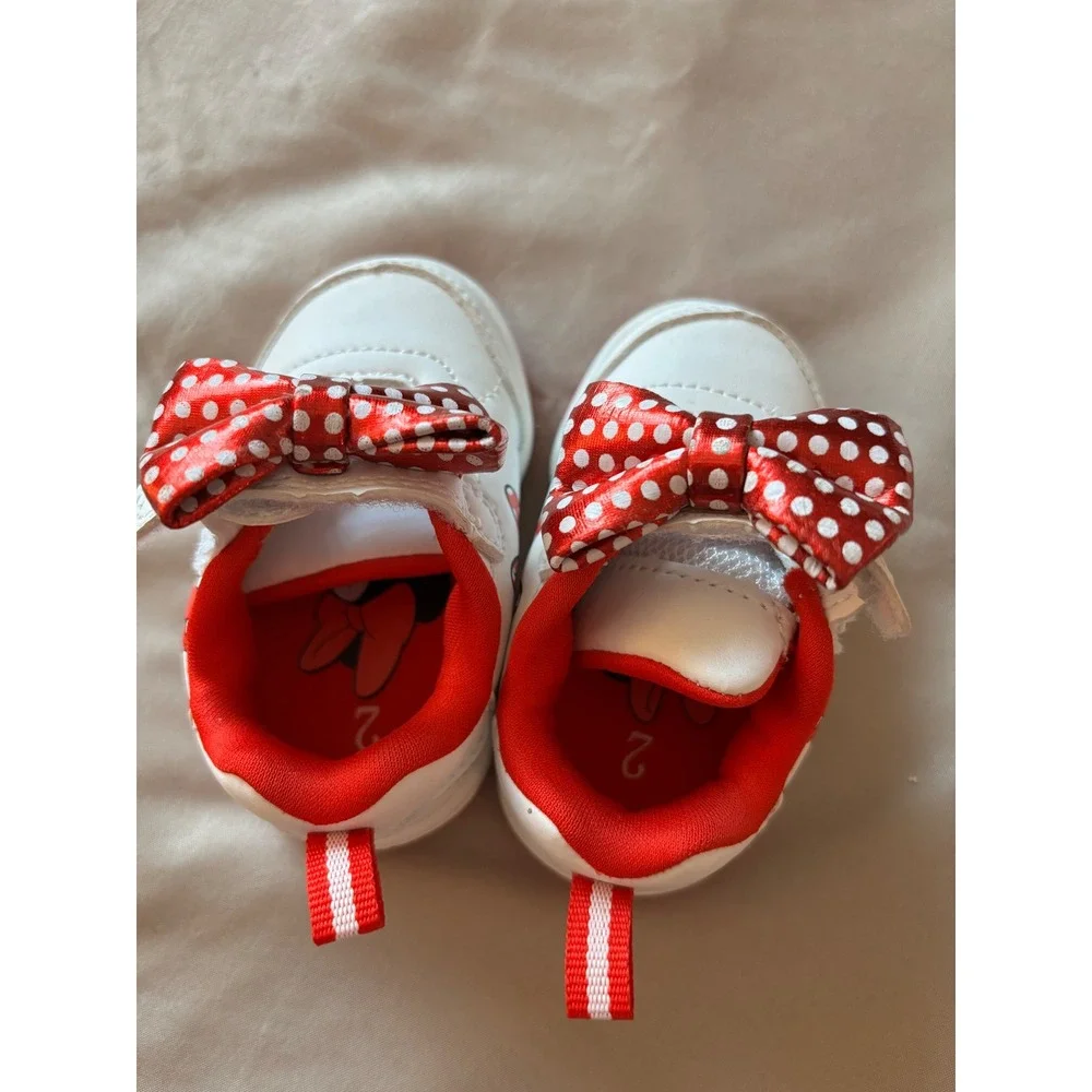 Disney Minnie Mouse Infant Girls Sneakers White Red Polka Dot Bow Size 2 Shoes